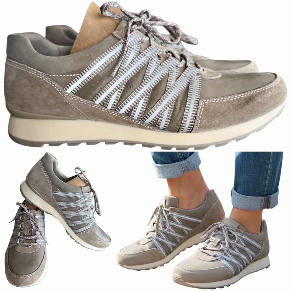 Dansko Taupe Leather Suede Casual Sneakers Light Gray Stripe Accent Size 10 (40)